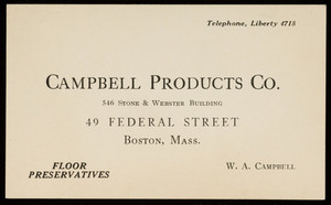 Trade card for the Campbell Products Co., floor preservatives, 546 Stone & Webster Building, 49 Federal Street, Boston, Mass., 1926