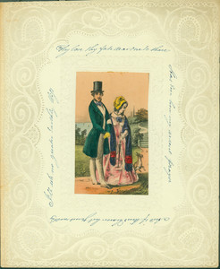 Valentine's Day card, depicting a woman, man, and dog on a country road, undated