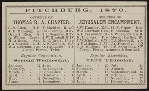Card for the Fitchburg chapter, encampment, lodges, Fitchburg, Mass., 1870