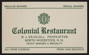 Trade card for the Colonial Restaurant, home cooking, North Woodstock, New Hampshire, undated