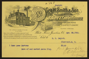 Billhead for Geo. W. Smith & Son, manufacturing bakers & confectioners, White River Junction, Vermont, dated April 22, 1902