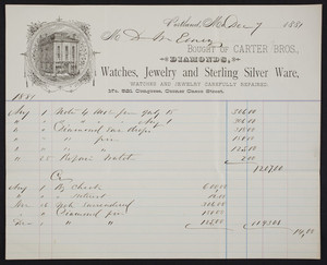 Billhead for the Carter Bros., diamonds, watches, jewelry and sterling silver ware, No. 521 Congress, corner Casco Street, Portland, Maine, dated December 7, 1881