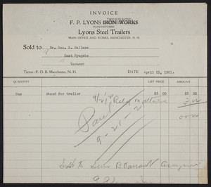Billhead for F.P. Lyons Iron Works, Lyons Steel Trailers, Manchester, New Hampshire, dated April 21, 1921