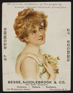 Trade card for Besse, Middlebrook & Co., clothiers, hatters, outfitters, 155 Westminster Street, Providence, Rhode Island, undated