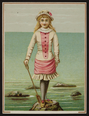 Trade card with a young girl standing on a rock, location unknown, undated