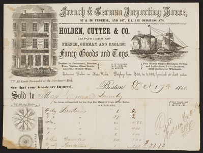 Billhead for Holden, Cutter & Co., French, German and English fancy goods and toys, 32 & 36 Federal, and 107, 111, 113 Congress Streets, Boston, Mass., dated October 17, 1860
