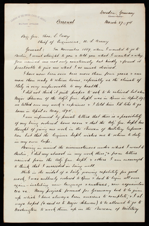 Theodore A. Bingham to Thomas Lincoln Casey, March 27, 1894