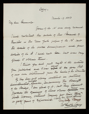 Thomas Lincoln Casey to General John Newton, March 19, 1883, copy