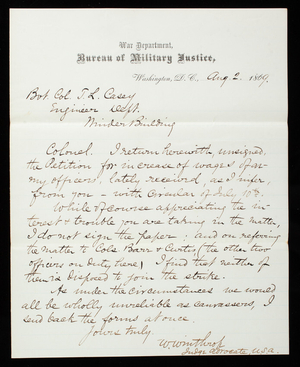 W. Winthrop to Thomas Lincoln Casey, August 2, 1869