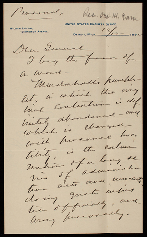 William Ludlow to Thomas Lincoln Casey, December 12, 1892