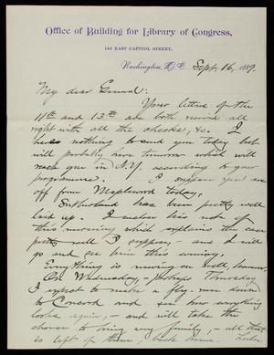 [Bernard] R. Green to Thomas Lincoln Casey, September 16, 1889