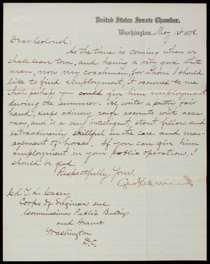 Senator [George F.] Edmunds to Thomas Lincoln Casey, May 1, 1878