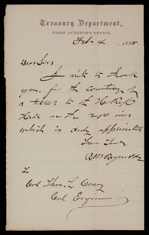 A. Raymonds to Thomas Lincoln Casey, February 4, 1885