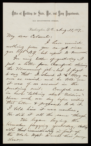 Bernard R. Green to Thomas Lincoln Casey, August 11, 1887