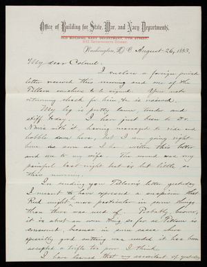 Bernard R. Green to Thomas Lincoln Casey, August 26, 1883