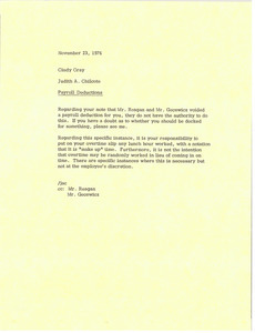 Memorandum from Judy A. Chilcote to Cindy Cray