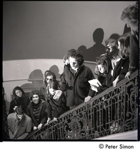 Antiwar protesters occupying University Hall, Harvard (?): student occupiers on a stairway