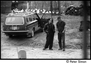Raymond Mungo (center) and Steve Diamond (right) with a Volvo station wagon, Montague Farm commune