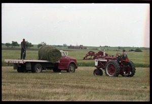 Tractor loads bales of alfalfa onto a flatbed truck