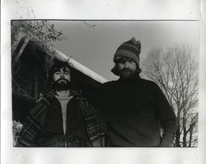 David Jolly and John Carrol posed in front of the barn, Packer Corners Commune