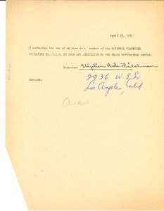 Letter from Stephen Hole Fritchman to National Committee to Defend Dr. W. E. B. Du Bois and Associates in the Peace Information Center