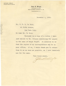 Letter from John. R. Wright to W. E. B. Du Bois