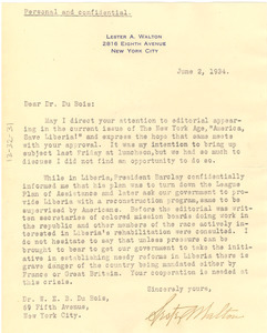 Letter from Lester A. Walton to W. E. B. Du Bois