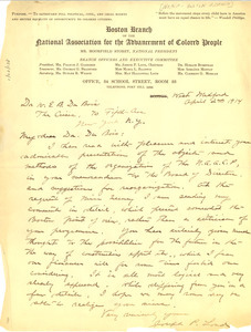 Letter from Boston Branch of the National Association for the Advancement of Colored People to W. E. B. Du Bois