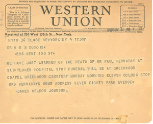 Telegram from James Weldon Johnson to W. E. B. Du Bois