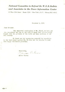 Circular letter from National Committee to Defend Dr. W. E. B. Du Bois and Associates in the Peace Information Center