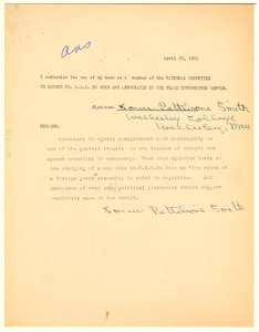 Form letter from Louise Pettibone Smith to National Committee to Defend Dr. W. E. B. Du Bois and Associates in the Peace Information Center
