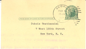 Postcard from Charlotte H. Brown to W. E. B. Du Bois Testimonial Dinner Committee