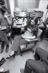 Bernadette Devlin McAliskey talking to reporters in the WBCN production room