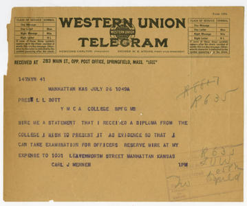 Telegram from Carl J. Merner to Laurence L. Doggett (July 26, 1917)