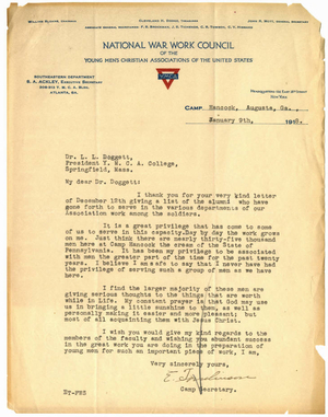 Letter to Laurence L. Doggett from Camp Hancock Secretary (January 9, 1918)