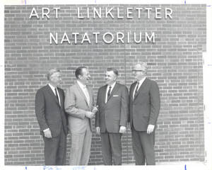 Art Linkletter and Wilbert E. Locklin standing in front of Art Linkletter Natatorium