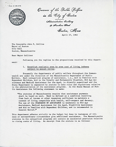 Letter from William F. Lally, Director of the Overseers of the Public Welfare, to Mayor John F. Collins replying to proposals sent by the Southern Christian Leadership Conference