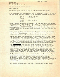 Correspondence from Lou Sullivan to Rupert Raj (June 26, 1985)