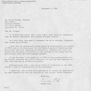 Letter from Carmen Pola to Walter Palmer, Director of the Equal Employment Opportunity Program at the Raytheon Company, informing him of her resignation as from the Mayor's Employment and Training Advisory Council