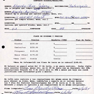 Form to reserve kiosks and tables for the Festival Puertorriqueño de Massachusetts, filled out by Alejandro-Rios Johnny