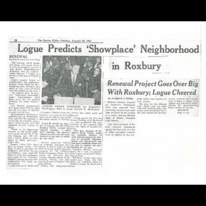 Photocopy of Boston Globe article, Renewal project goes over big with Roxbury; Logue cheered