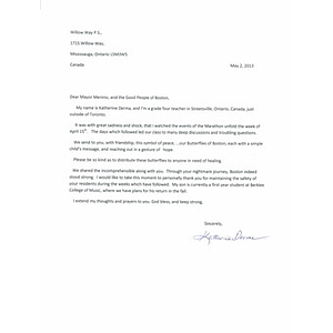 Cover letter for "Butterflies of Boston items" sent from Ontario to Boston Mayor Thomas Menino