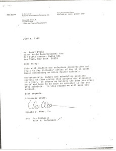 Letter from Donald D. Wear Jr. to Barry Frank