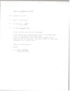 Fax from Tak Masaoka to Mark H. McCormack