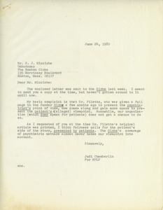 Letter from Judi Chamberlin to S. J. Micciche