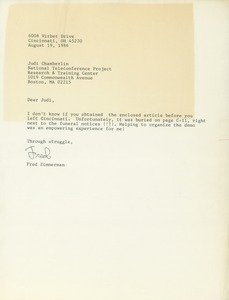 Letter from Fred Zimmerman to Judi Chamberlin