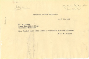 Telegram from W. E. B. Du Bois to Knoxville College