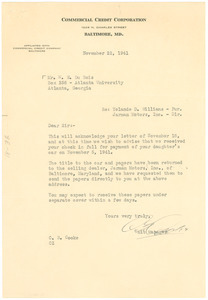 Letter from Commercial Credit Corporation to W. E. B. Du Bois