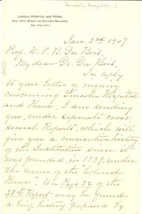 Letter from Lincoln Hospital and Home to W. E. B. Du Bois