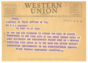 Telegram from Bill of Rights Conference to W. E. B. Du Bois
